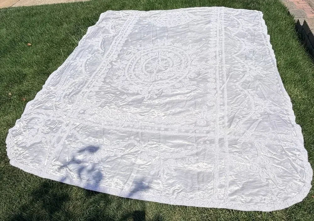 Vtg 50's EVERWEAR Chenille Satin Bedspread Cream White Full/Queen Hollywood Glam